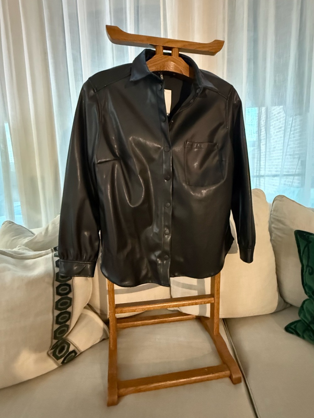 H&M Black Faux-Leather Button-Up Shirt Jacket